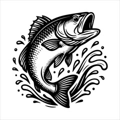 Set of Vintage Bass Fish Illustrations – Jumping and Splashing in Black and White