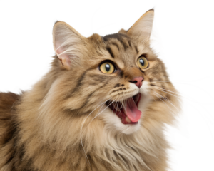 Fluffy Tabby Cat with Wide Open Mouth and Big Yellow Eyes.