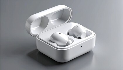 White wireless earbuds rest inside their open charging case, showcasing a minimalist design.