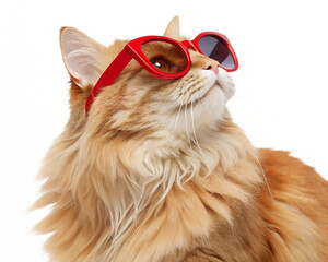 Ginger Cat with Red Sunglasses Looking Upward.