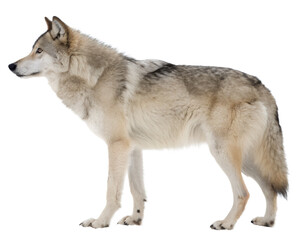 Gray Wolf in Profile View Against White Background.
