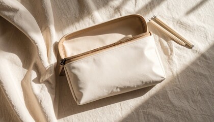 Cream-colored zippered pouch open, revealing inner compartments, rests on beige fabric in sunlight.