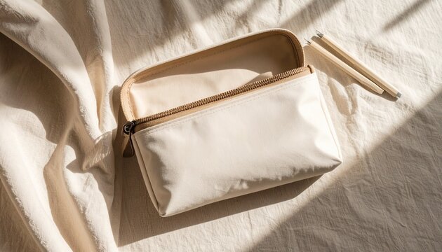 Cream-colored zippered pouch open, revealing inner compartments, rests on beige fabric in sunlight.