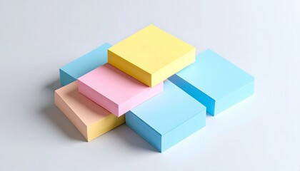 Stacks of colorful pastel sticky notes arranged in an overlapping geometric composition on a light background.