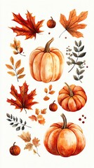 Festive autumn pumpkins and colorful leaves.