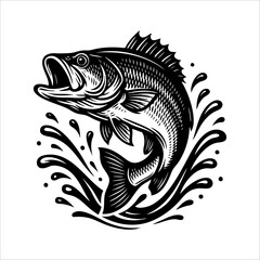 Set of Vintage Bass Fish Illustrations – Jumping and Splashing in Black and White