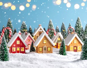 Miniature Christmas village in snow