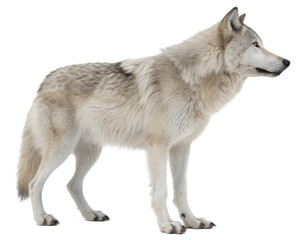 Majestic gray wolf with thick fur and yellow eyes standing in a full body profile view.