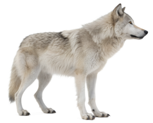 Majestic gray wolf with thick fur and yellow eyes standing in a full body profile view.