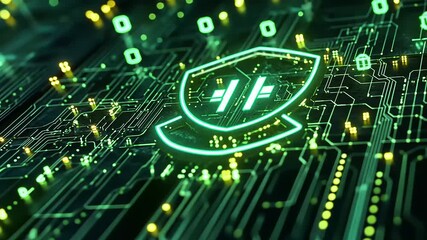 Futuristic digital security shield on a circuit board illuminated by green and yellow lights - Powered by Adobe