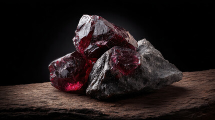 Striking garnet stones embedded in dark metamorphic rock create stunning visual contrast, showcasing nature beauty and elegance
