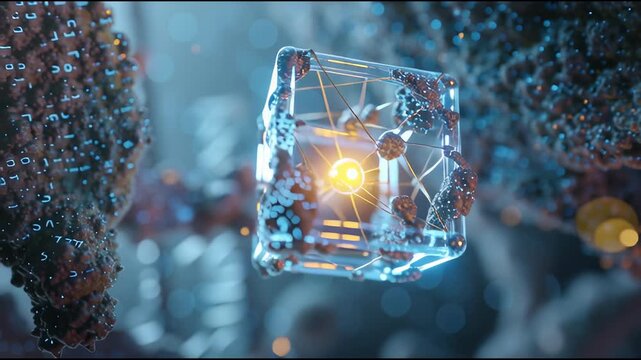 A glowing, transparent geometric nanostructure suspended in a blue, abstract environment.