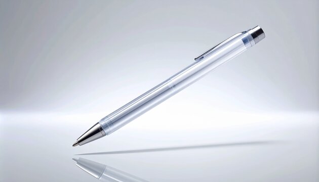 A sleek, modern silver pen levitates diagonally against a clean, bright, reflective background.