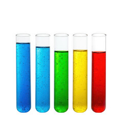 Five colorful test tubes filled with bubbling liquids isolated on transparent background