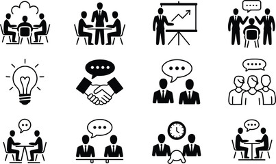 Fototapeta premium Black and White Business Meeting and Communication Icon Set