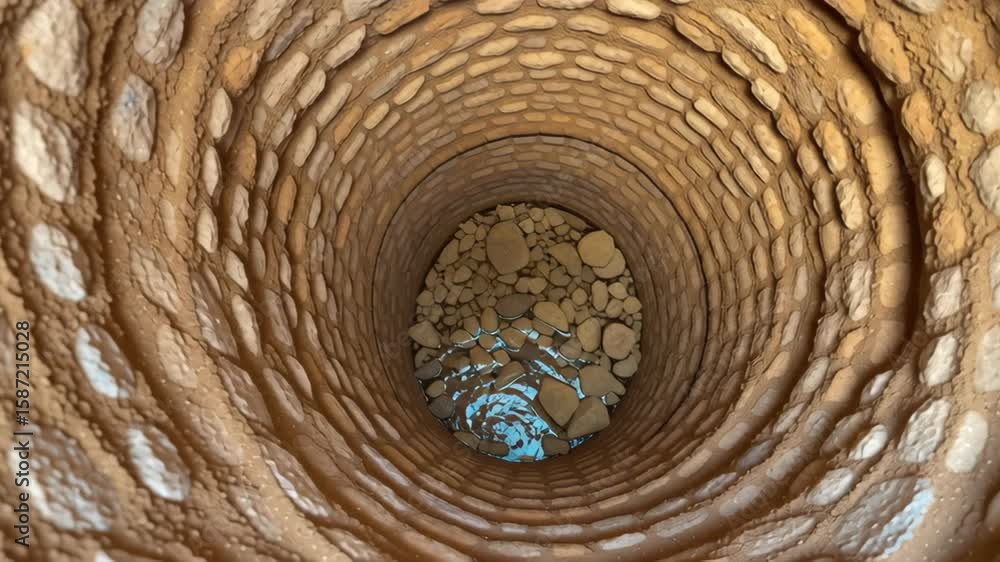 Poster sustainability risk concept ,deep stone well with circular structure showcasing water reflection and