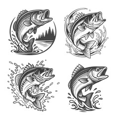 Vintage Sportfishing Bass Illustration Collection in Monochrome Line Art
