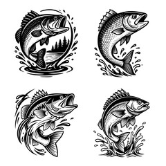 Vintage Sportfishing Bass Illustration Collection in Monochrome Line Art