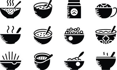 Black and White Food Icons Bowls with Spoons and Pet Food Package