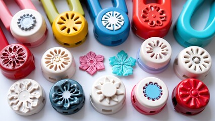 Obraz premium Vibrant flower-shaped cookie cutters and stamps in assorted colors for baking decoration, creative kitchen utensils for cake decorating, food styling, culinary marketing