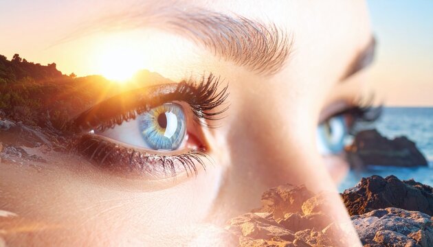 Woman's Eyes Double Exposure Sunset Ocean Rocks - Powered by Adobe