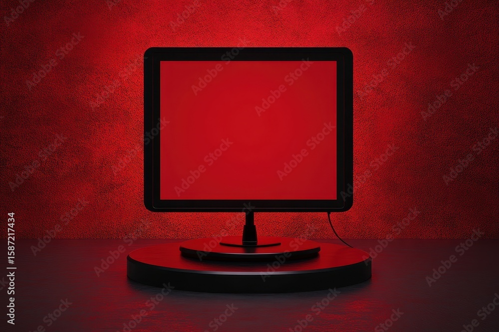 Poster red monitor on a dark display stand.