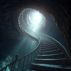 Mysterious spiral staircase winding upward through a cave toward a bright opening above.

