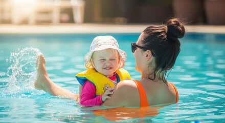 A mother enjoys a lovely afternoon swim in a pool with her happy toddler wearing a bright yellow life vest.