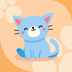 Obraz premium Cute light blue cartoon cat sitting, with happy expression, on a light orange background.