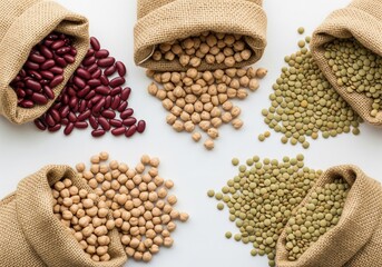 Fototapeta premium Flat Lay of Assorted Legumes in Burlap Sacks – Red Beans, Chickpeas, Lentils