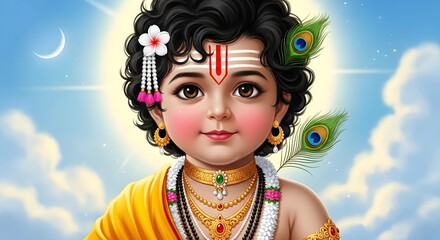 Illustration of baby krishna with jewelry and peacock feathers against a cloudy sky background