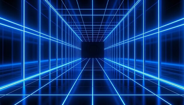 Abstract blue neon grid tunnel perspective leading to a dark central point, creating a futuristic, technological effect.
