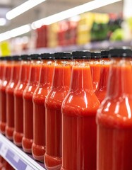 Many bottles of tomato ketchup on the shelf