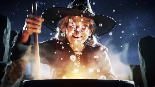 Witch brewing potion in cauldron under night sky