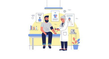 Doctor Measuring Patients Blood Pressure in Medical Examination Room.