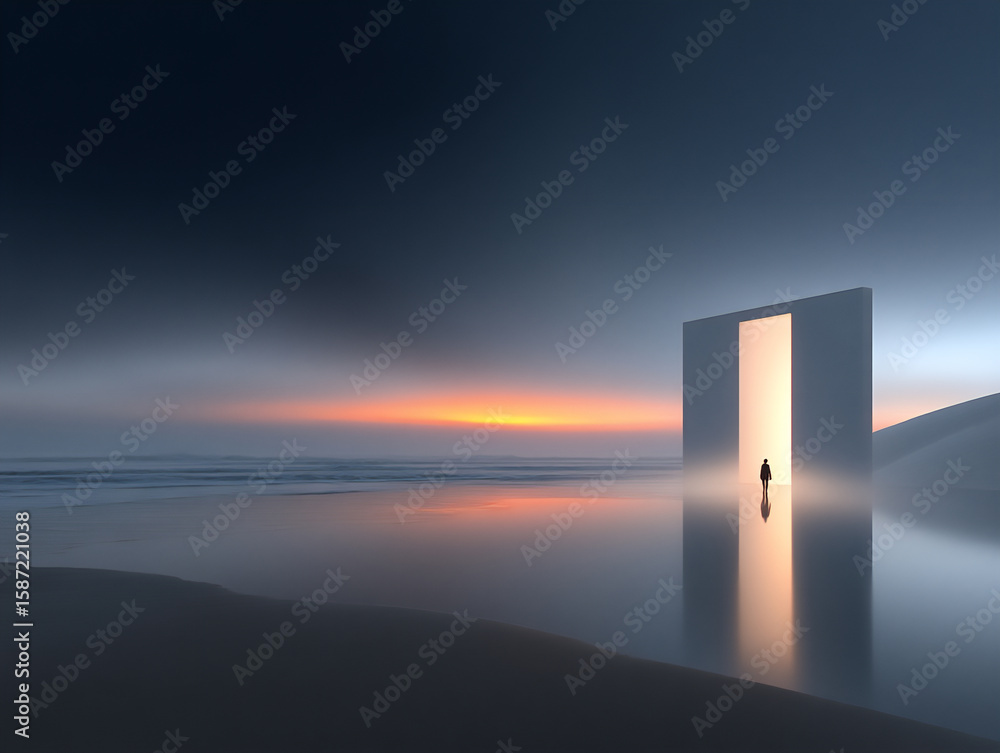 Poster a mirror reflecting a reality that is subtly but significantly different from the scene in front of