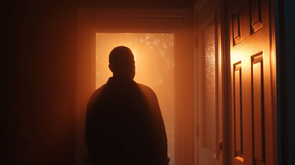 A man is standing in front of a door
