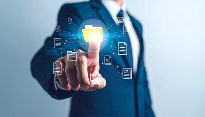 businessman pushing a button on a touch screen