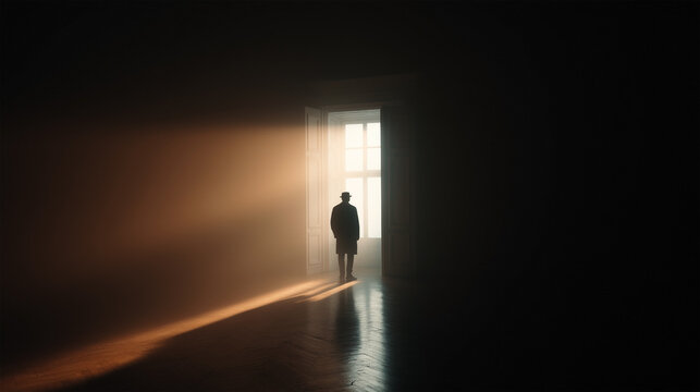 A man standing in a dark room with a window