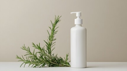 White pump bottle of lotion sits alongside fresh sprigs of rosemary on a minimalist neutral background.
