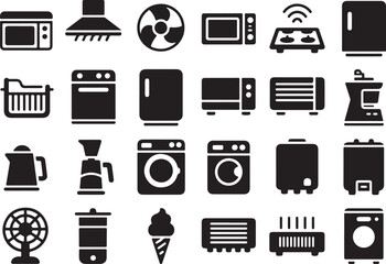 Collection of home appliance icons isolated on transparent background