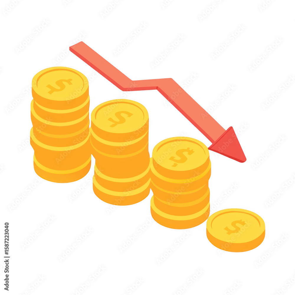 Poster decreasing stacks of coins with downward arrow on transparent background