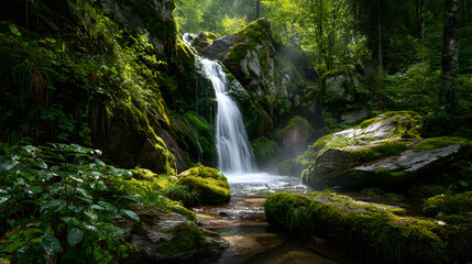 Fototapeta premium Ethereal Serenity: A Tranquil Waterfall Cascading Through a Lush Forest Oasis