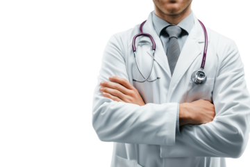 Closeup of doctor man stand arms crossed with stethoscope isolated on white background.