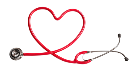 Stethoscope heart shape with red tube and metal chest piece isolated on transparent background.