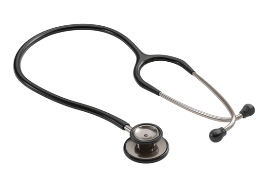 Doctor stethoscope with black tube and metal chest piece isolated on transparent background.