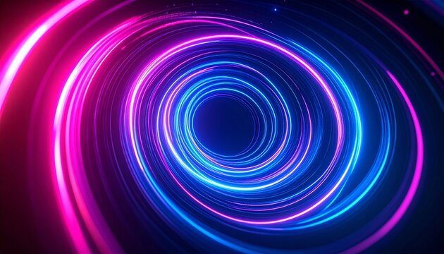 Vibrant neon circles swirl in a hypnotic, abstract vortex of pink and blue light against a dark background.