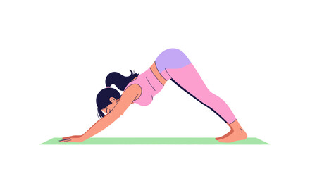 Woman in Downward Dog Pose on Yoga Mat Pink Outfit Ponytail.