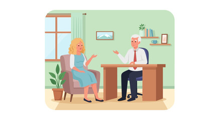 Woman in Light Blue Dress Talking to Therapist in Office.