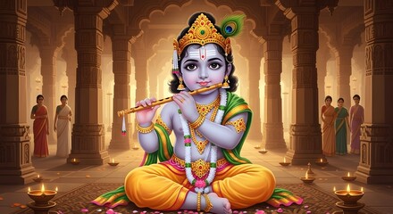 Illustration of lord krishna playing flute in temple with women and burning candles around